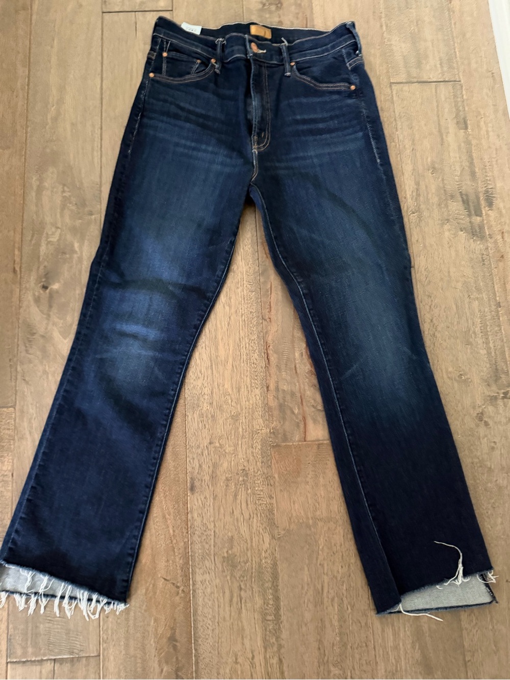 MOTHER Women's Straight Leg Jeans in Dark Indigo with Frayed Hem